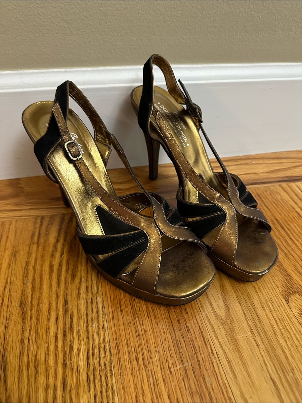 Donald J. Pliner Bronze and Retro Black T-Strap High Heel Sandals